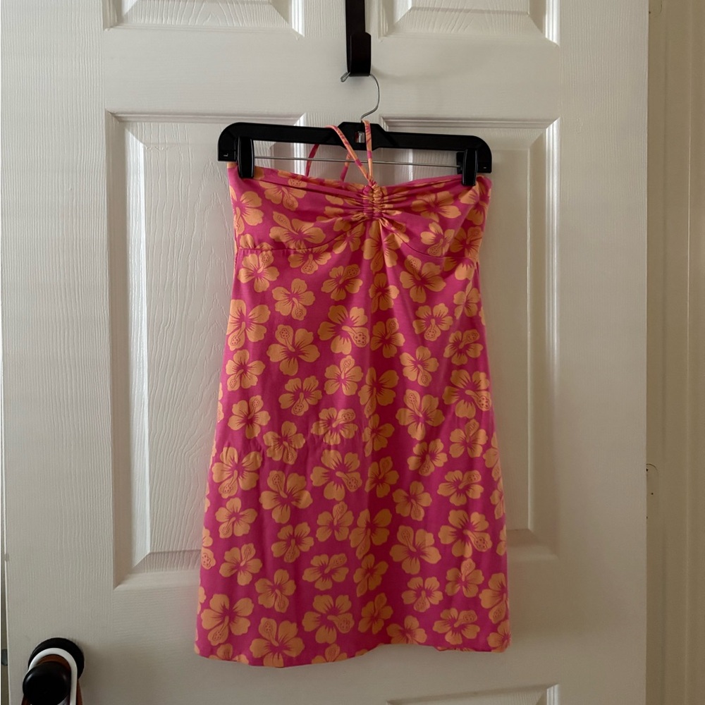 Hollister Pink and Yellow Floral Hawaiian summer Halter Beach Dress